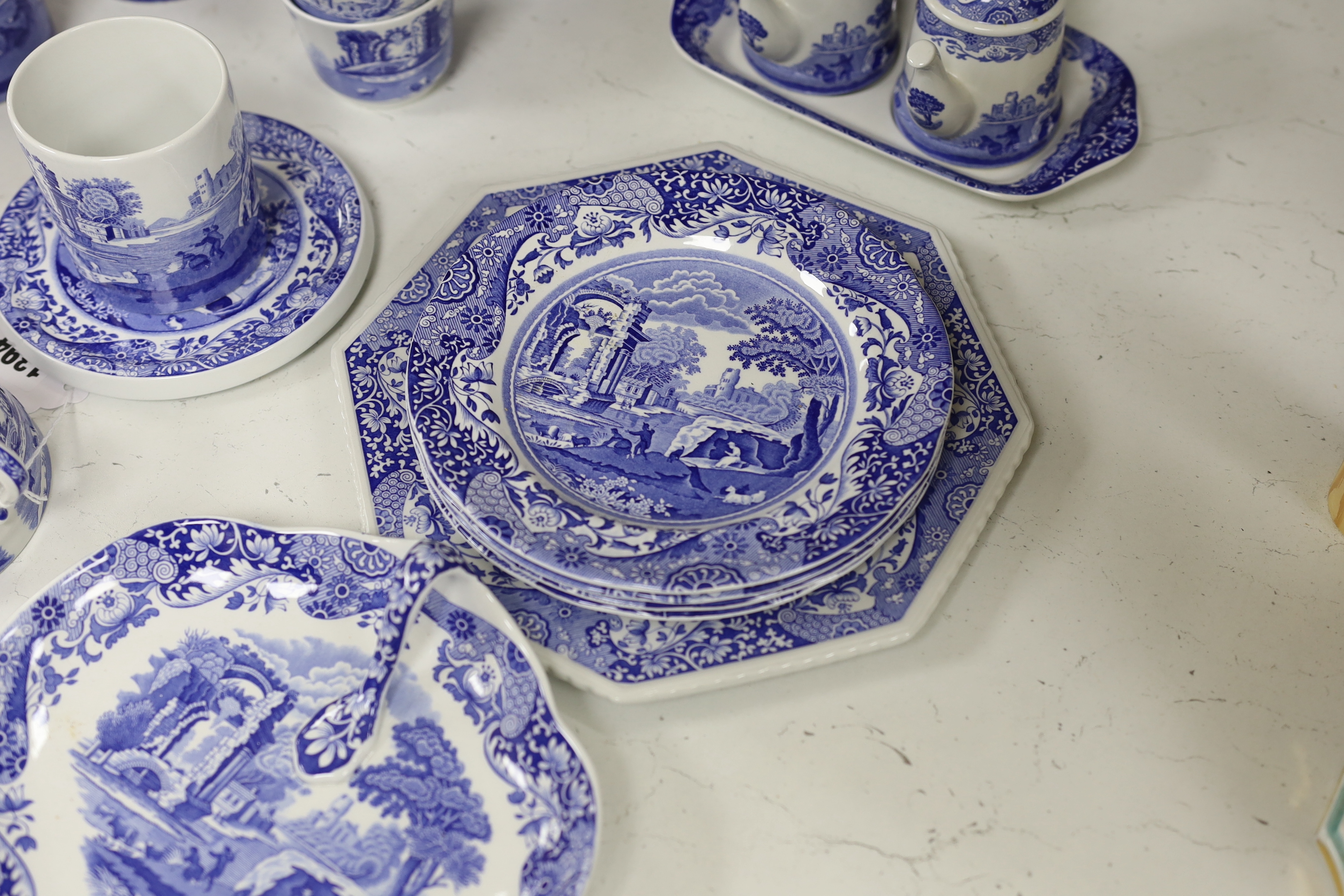 A Spode Italian part breakfast set to include jam and honey pots and covers mugs dishes etc